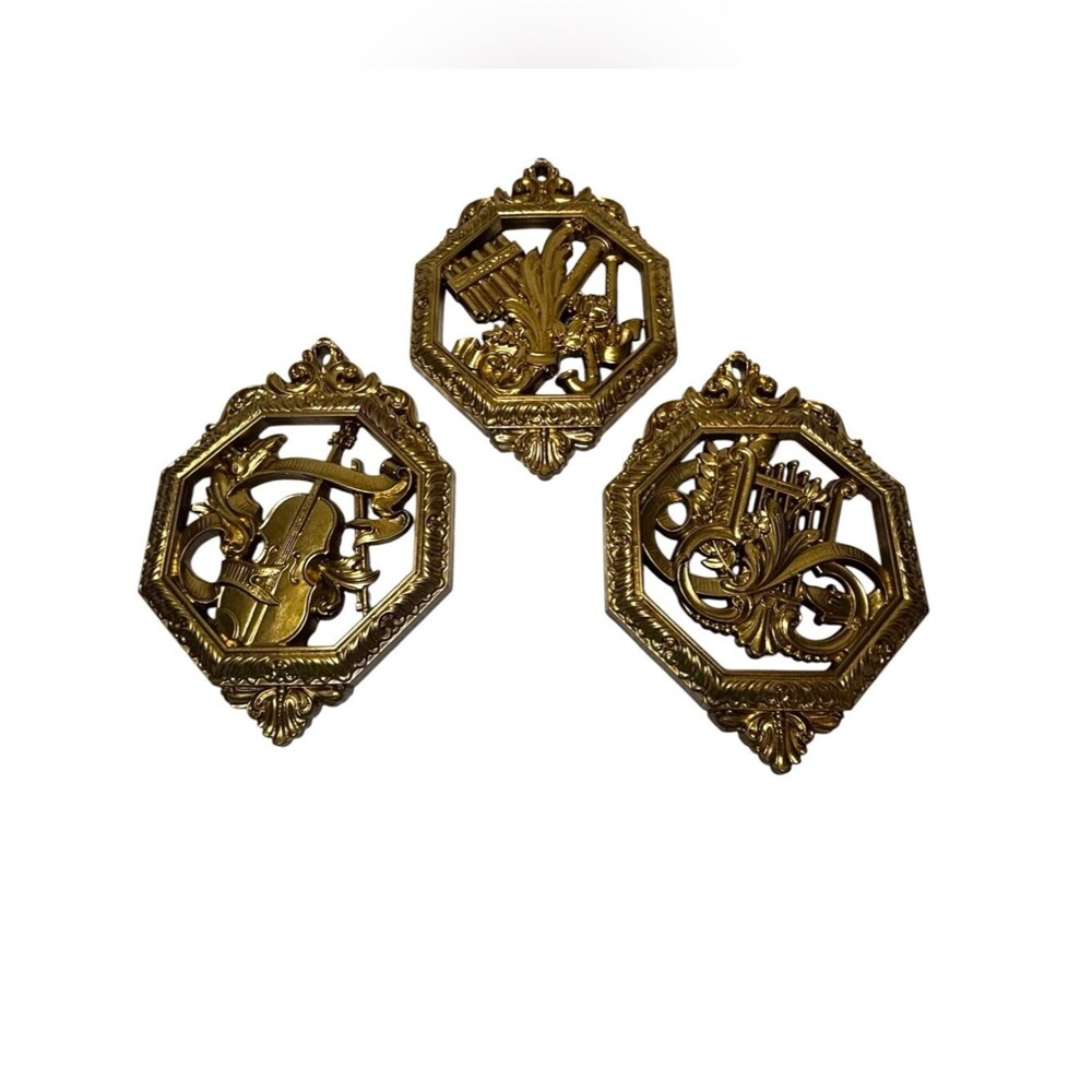 Dart Industries Homco Gold Hollywood Regency Musical Instrument Wall Plaques (3)